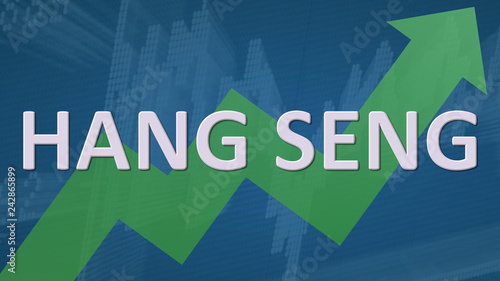 The Hong Kong stock market index Hang Seng Index or HSI is going up. A green zig-zag arrow behind the word Hang Seng on a blue background with chart shows upwards, symbolizing a price rise or growth. photo