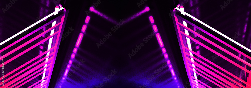 The metal construction with a staircase is highlighted with a new light. Abstract background, blue, red neon, rays and lines, lamps, reflections. 3D Rendering