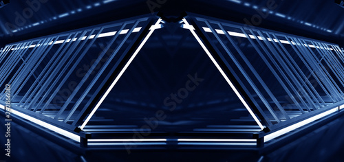 White neon lamps in bright, empty space, Led neon, dark blue abstract background with metal structures. 3D Rendering