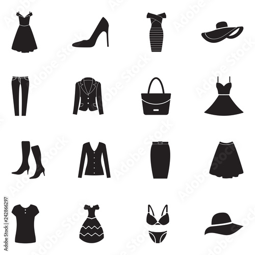  Woman's Clothing Icons. Black Flat Design. Vector Illustration.