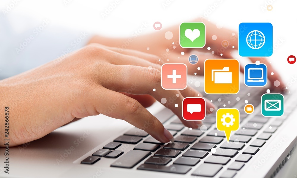 Woman Working with Laptop on background, close-up Woman Working with Laptop on background, close-up