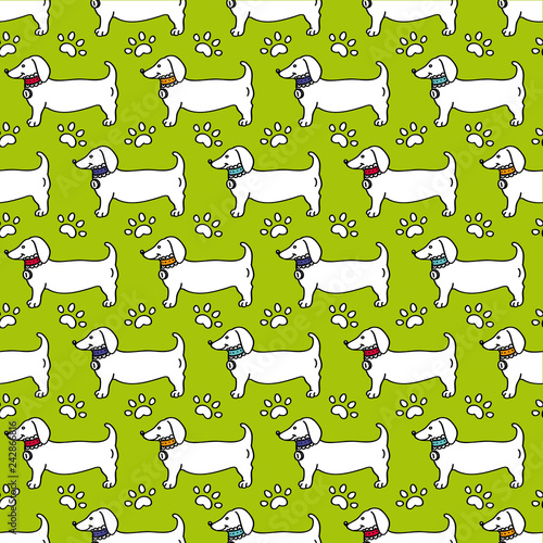 Seamless pattern - dog profile, paw trace isolated on green background