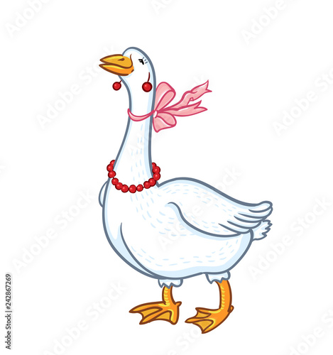 White Goose with pink bowknot isolated on white background