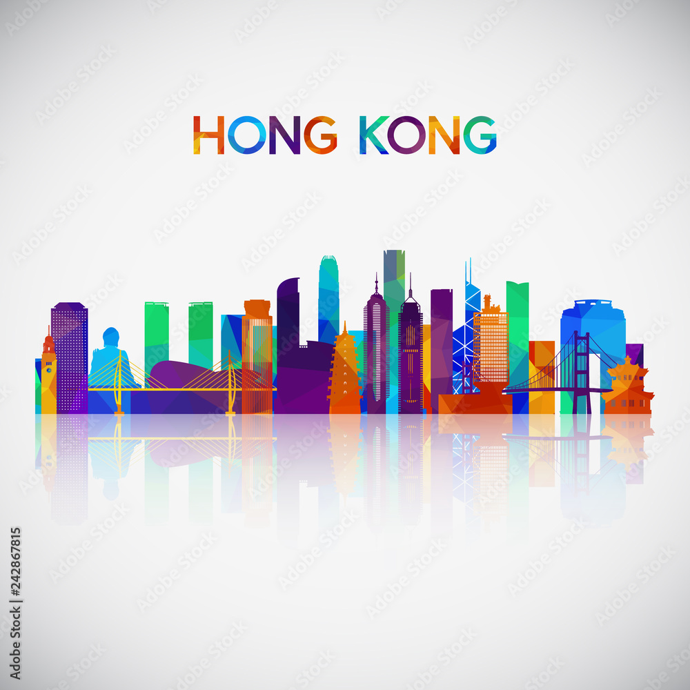 Hong Kong skyline silhouette in colorful geometric style. Symbol for your design. Vector illustration.