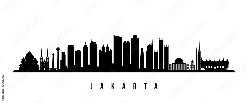 Jakarta city skyline horizontal banner. Black and white silhouette of Jakarta city, Indonesia. Vector template for your design.