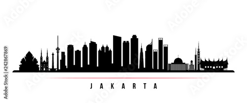Jakarta city skyline horizontal banner. Black and white silhouette of Jakarta city, Indonesia. Vector template for your design.