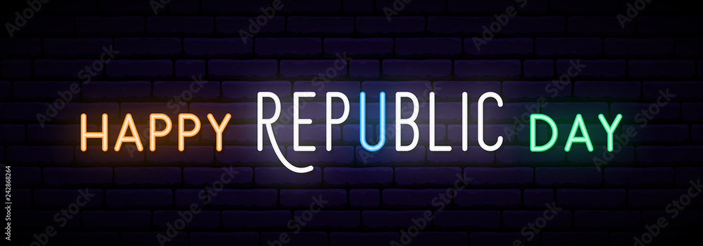 Long neon banner for India Republic Day celebration. Horizontal light signboard.