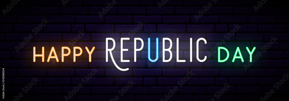 Obraz premium Long neon banner for India Republic Day celebration. Horizontal light signboard.