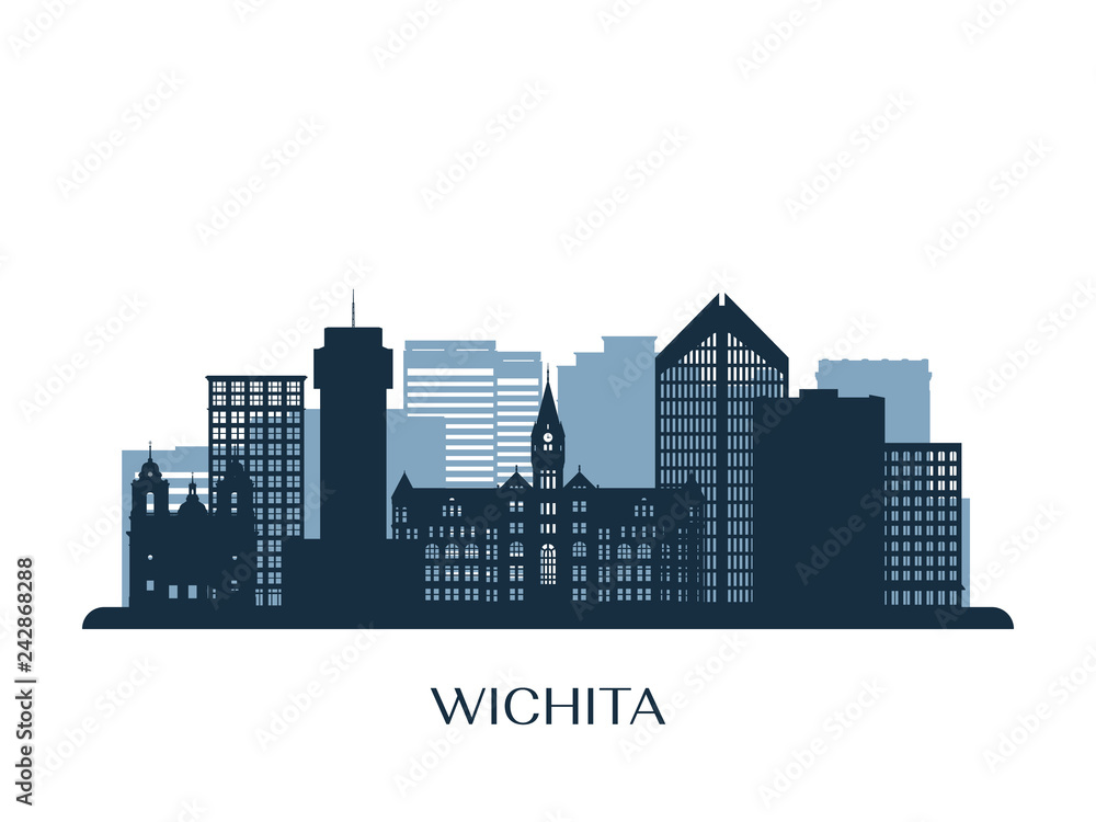 Wichita skyline, monochrome silhouette. Vector illustration.
