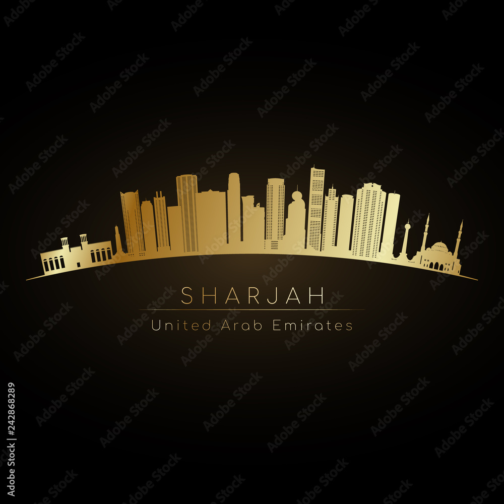 Golden logo Sharjah skyline. Vector silhouette illustration