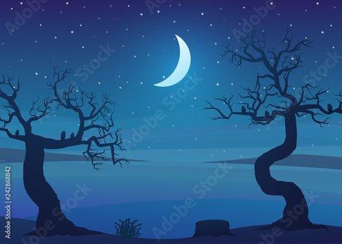 Drought area landscape at night with dead trees and a starry sky. Vector illustration