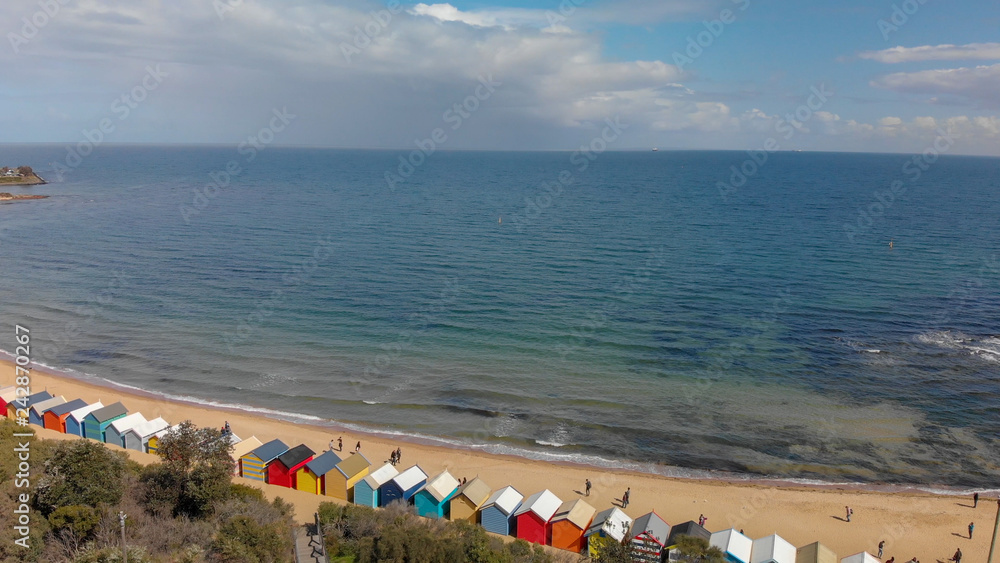 Brighton Beach's Beach Boxes, aerial panoramic view in winter Brighton Beach's Beach Boxes, aerial panoramic view in winter