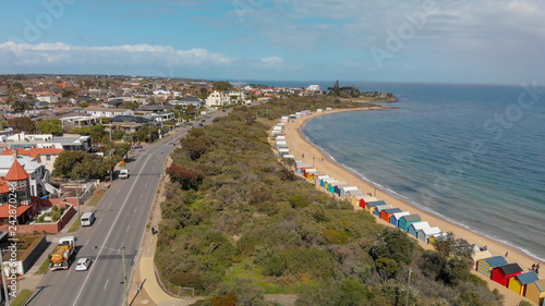 Panoramic aerial view of Brighton Beach colorful huts, Victoria, Australia © jovannig