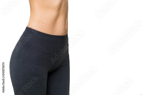 girl in tights slender athletic body, female waist on a white background, concept of diet and dietetics