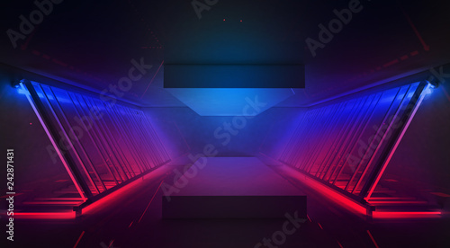 Neon background, rays and highlights, metal construction illuminated with blue and pink neon. Abstract empty scene background. 3D Rendering