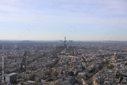 Top view of the streets and buildings of Paris and the Eiffile Tower