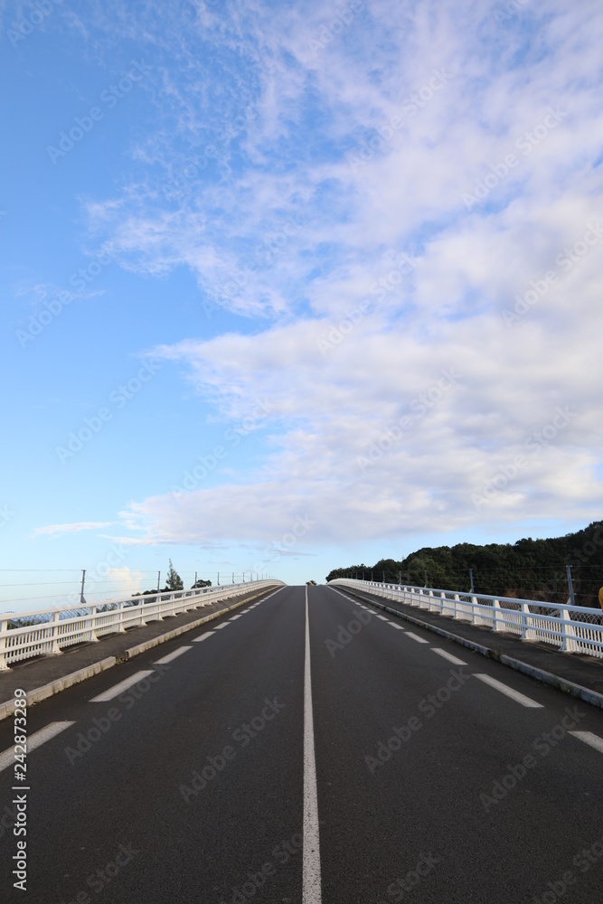Straight and smooth asphalt road with one continuous marking. Blue sky background Straight and smooth asphalt road with one continuous marking. Blue sky background