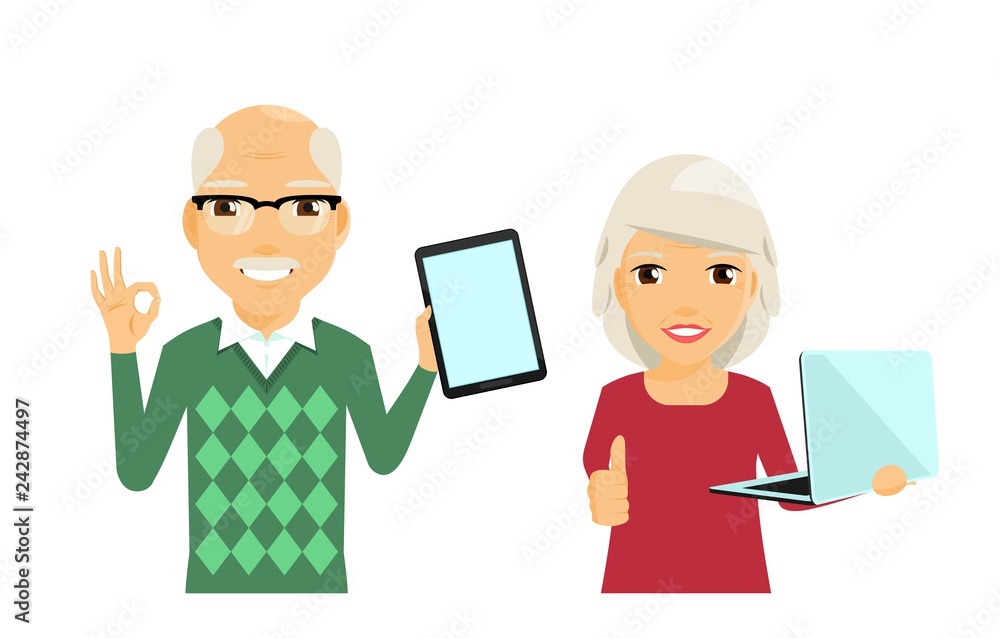 Elderly man and woman with gadgets in their hands. An elderly man with a tablet. An elderly woman with a laptop. Retirement age. In flat style on white background. Cartoon. Elderly man and woman with gadgets in their hands. An elderly man with a tablet. An elderly woman with a laptop. Retirement age. In flat style on white background. Cartoon.