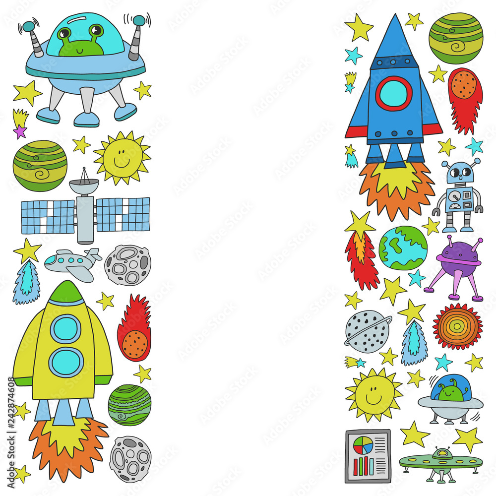 Fototapeta premium Vector set of space elements icons in doodle style. Painted, colorful, pictures on a piece of paper on white background.