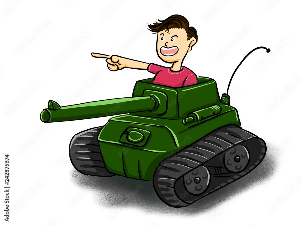 Ilustrace „cute little boy playing to be a hero soldier on cartoon military  tank isolated on white background.“ ze služby Stock | Adobe Stock