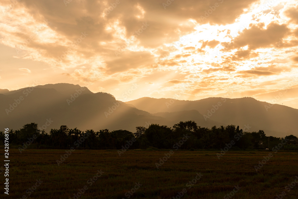 Landscape montain view during golden hour sunset hill in Chiangmai, Thailand.