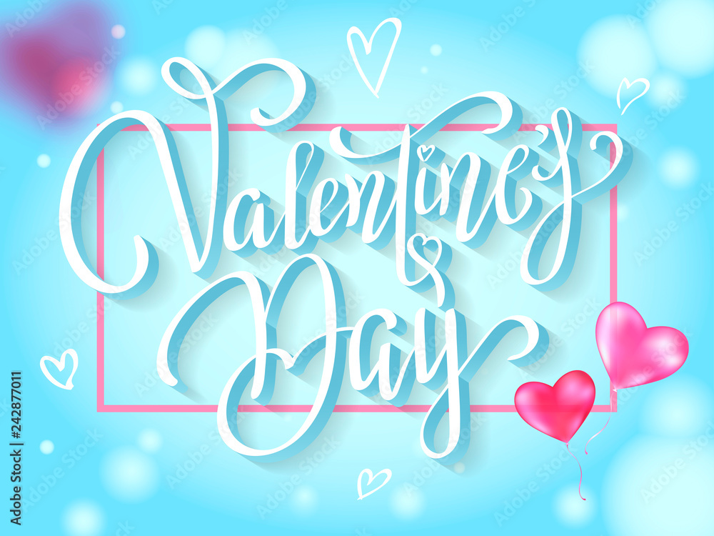 Happy valentines day lettering with pink hearts