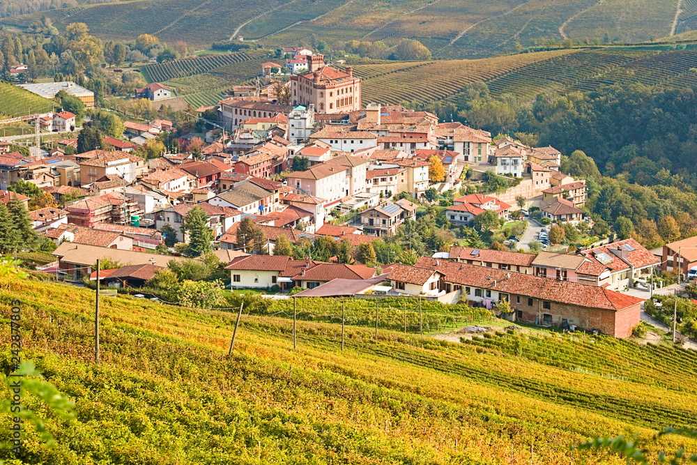 Barolo village seen from above in autumn, surrounded by vineyards in autumn, Langhe region, Piedmont, Italy
