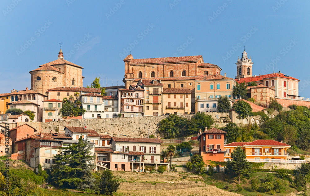 Village of La Morra in the Langhe region in autumn surrounded by vineyards, Piedmont, Italy