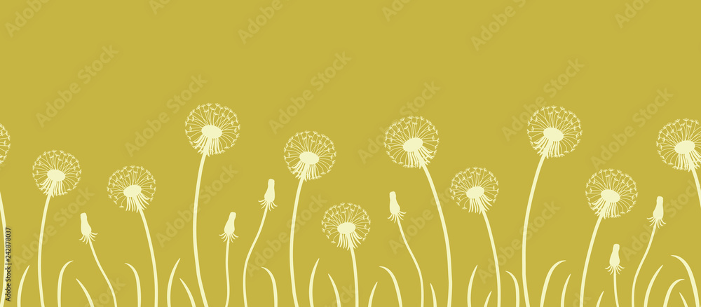 Obraz premium Bezszwowa granica z sylwetkami dandelions na ciemnym żółtym tle. Ilustracji wektorowych