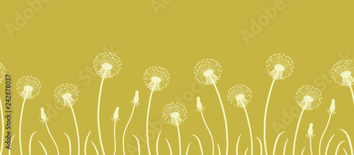 Fototapeta Naklejka Na Ścianę i Meble -  Seamless border with silhouettes of dandelions on a dark yellow background. Vector illustration