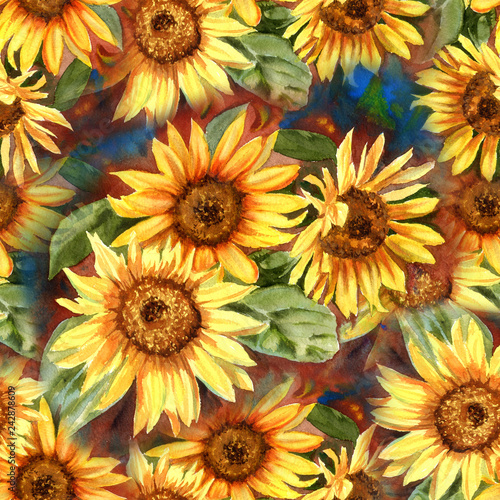 Seamless floral pattern with sunflowers. Hand drawn watercolor