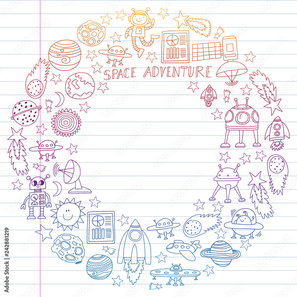 Vector set of space elements icons in doodle style. Painted, colorful, gradient on a piece of linear paper on white background. Vector set of space elements icons in doodle style. Painted, colorful, gradient on a piece of linear paper on white background.