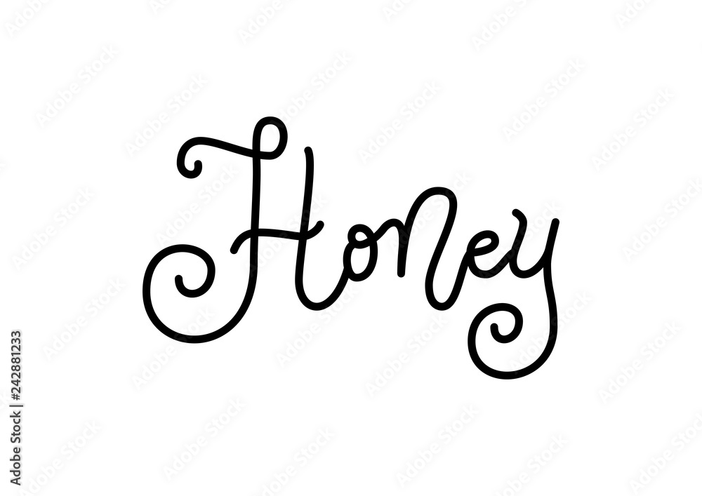Modern calligraphy lettering of Honey in black isolated on white background for decoration, poster, banner, sticker, packaging, logo, shop, cafe, restaurant, bar, market Modern calligraphy lettering of Honey in black isolated on white background for decoration, poster, banner, sticker, packaging, logo, shop, cafe, restaurant, bar, market