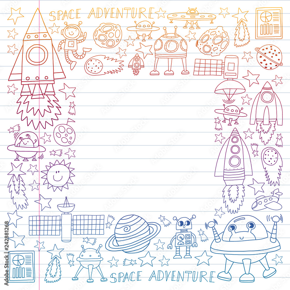 Vector set of space elements icons in doodle style. Painted, colorful, gradient on a piece of linear paper on white background. Vector set of space elements icons in doodle style. Painted, colorful, gradient on a piece of linear paper on white background.