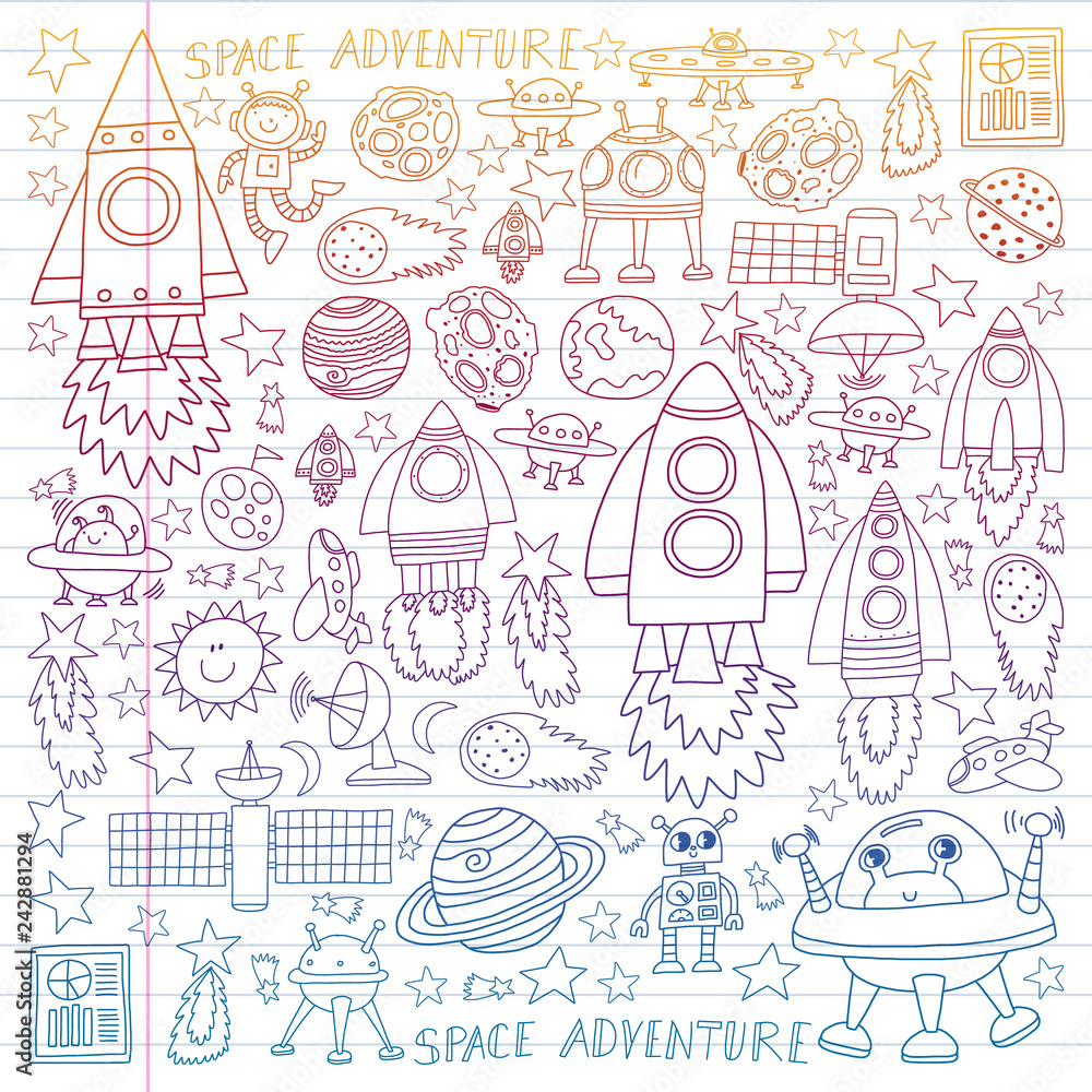 Fototapeta premium Vector set of space elements icons in doodle style. Painted, colorful, gradient on a piece of linear paper on white background.