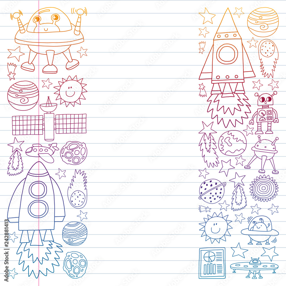 Vector set of space elements icons in doodle style. Painted, colorful, gradient on a piece of linear paper on white background. Vector set of space elements icons in doodle style. Painted, colorful, gradient on a piece of linear paper on white background.