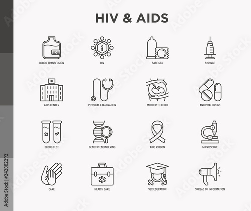 HIV and AIDs thin line icons set: safe sex, blood transfusion, syringe, antiviral drugs, physical examination, AIDs ribbon, blood test, microscope, genetic engineering. Modern vector illustration.