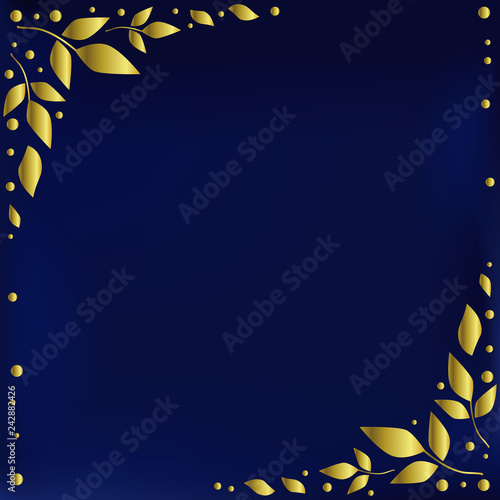 Blue background stylized as blue velvet with decorative edges with golden leaves and dots for decoration, holiday, scrapbooking paper, wedding, invitation, greeting card, text, gift tag, jewelry store