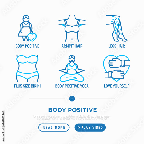Body positive thin line icons set: woman plus size, yoga, bikini, armpit hair, legs hair, mirror. Vector illustration.