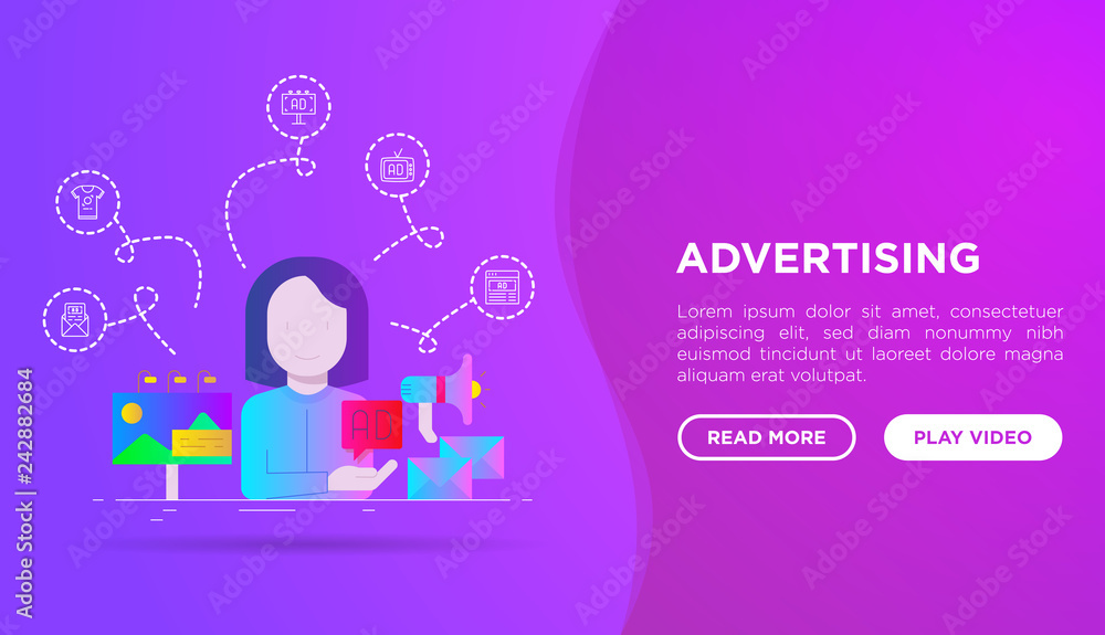 Advertising web page template: woman gives ad on billboard, email and social media. Flat gradient icons. Vector illustration.