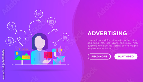Advertising web page template: woman gives ad on billboard, email and social media. Flat gradient icons. Vector illustration.