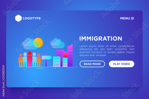 Immigration web page template with gradient flat icons: immigrants moving to the big city. Modern vector illustration.