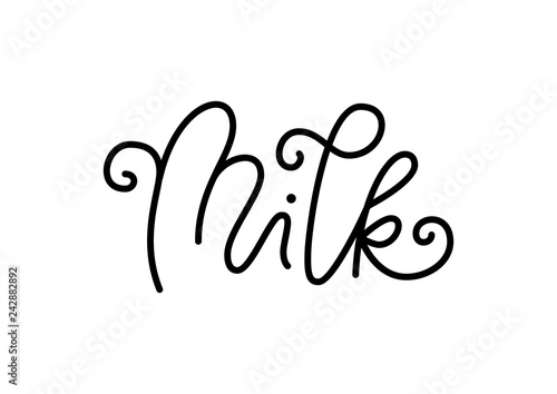 Modern calligraphy lettering of Milk in black isolated on white background for decoration, poster, banner, sticker, packaging, logo, milk shop, cafe, restaurant, bar