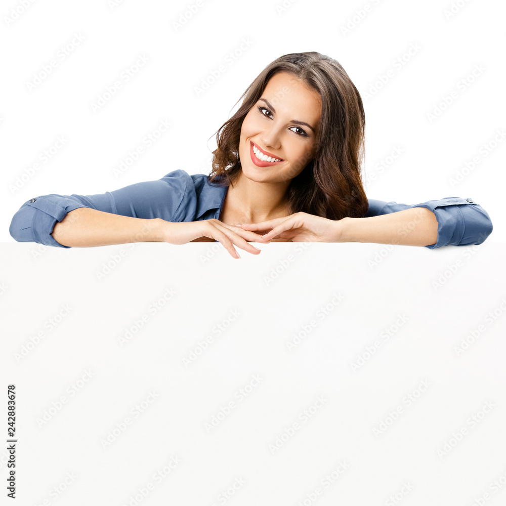 Beautiful young woman showing blank signboard Beautiful young woman showing blank signboard