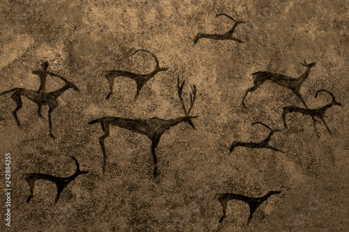 ancient animals, hunter on the cave wall. history, antiquity, archeology.