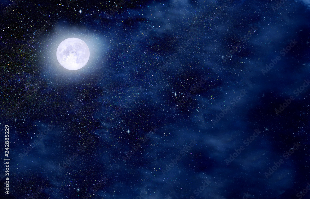Fabulous starry sky, full moon and clouds