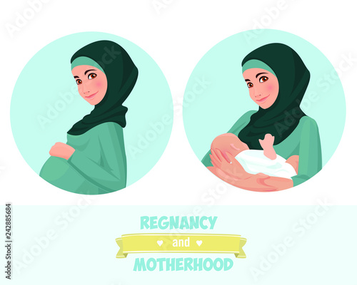 Motherhood. A mother with a baby and a pregnant woman. Vector illustration. Muslim. Traditional clothes. 