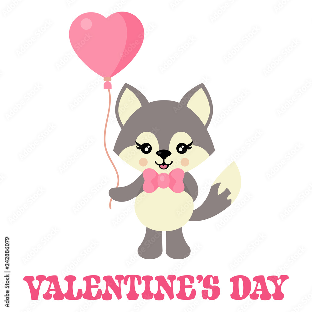 cartoon cute wolf and lovely balloon vector and valentines text