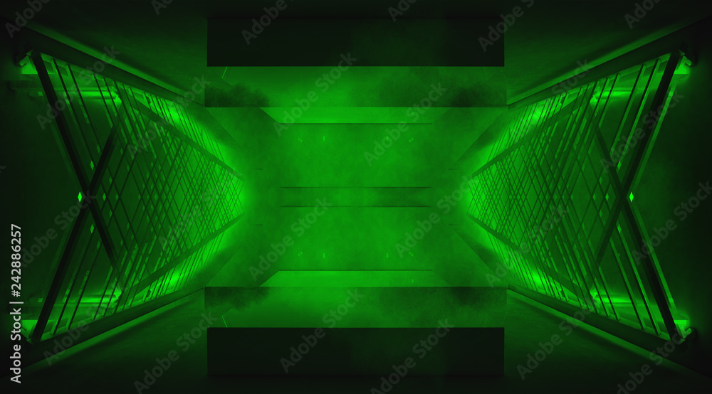 Neon lights and smoke Background trend color ufo green. The metal construction with a staircase is highlighted with a new light. 3D Rendering Neon lights and smoke Background trend color ufo green. The metal construction with a staircase is highlighted with a new light. 3D Rendering