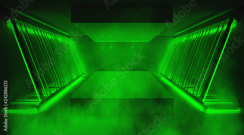 Neon lights and smoke Background trend color ufo green. The metal construction with a staircase is highlighted with a new light. 3D Rendering
